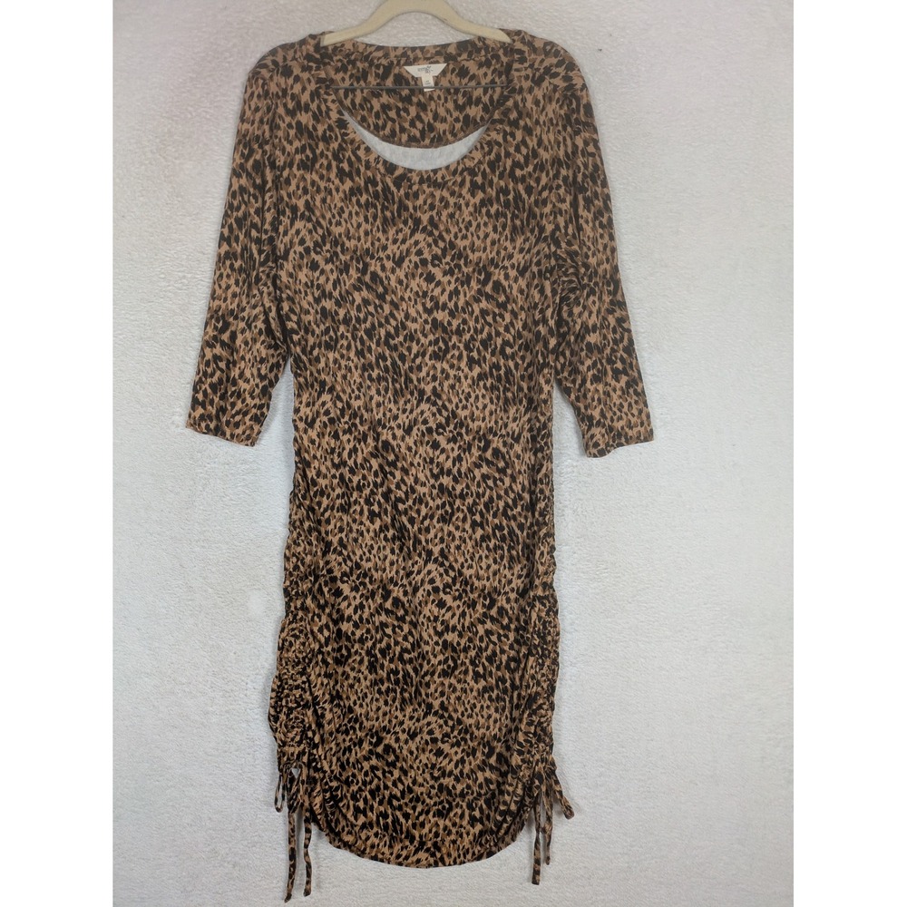 Terra & Sky Ruched Dress Women's 0X 14W Brown Leopard Print 3/4 Sleeve Midi